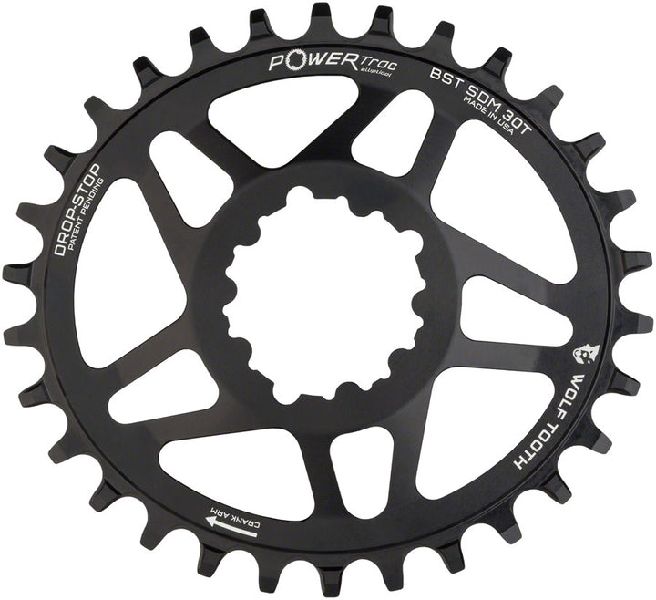 Plato elíptico de montaje directo Wolf Tooth - 30 dientes SRAM Direct Mount Drop-Stop A para bielas SRAM Boost de 3 tornillos, desplazamiento de 3 mm, color negro