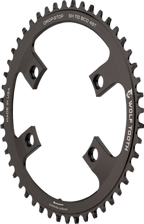 Plato Wolf Tooth Shimano 110 BCD asimétrico - 48 dientes, 110 BCD asimétrico, 4 tornillos, tope de caída para bielas Shimano (negro)