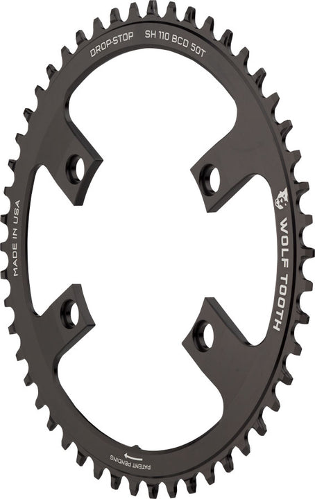 Plato Wolf Tooth Shimano 110 BCD asimétrico - 50 dientes, 110 BCD asimétrico, 4 tornillos, tope de caída para bielas Shimano, color negro