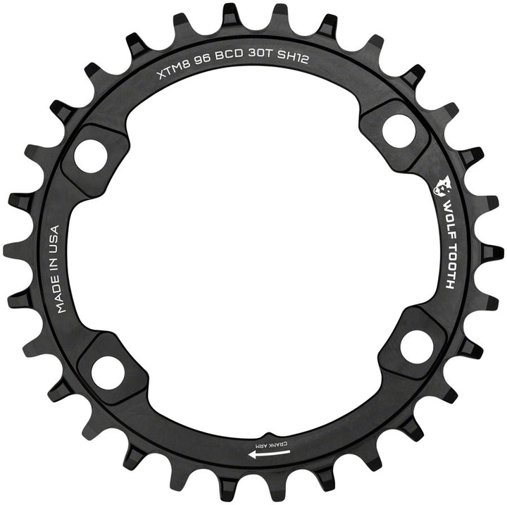 Plato Wolf Tooth 96 BCD - 32 dientes, 96 BCD asimétrico, 4 tornillos, para bielas Shimano M8000/M7000. Requiere cadena Hyperglide+ de 12 velocidades, color negro.