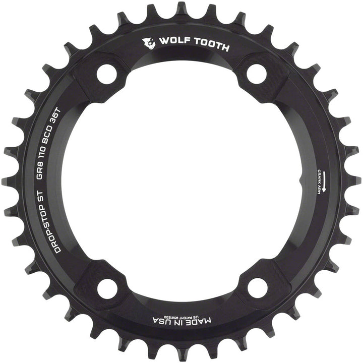 Plato Wolf Tooth Shimano 110 BCD asimétrico - 36 dientes, 110 BCD asimétrico, 4 tornillos, Drop-Stop ST para bielas Shimano GRX, color negro