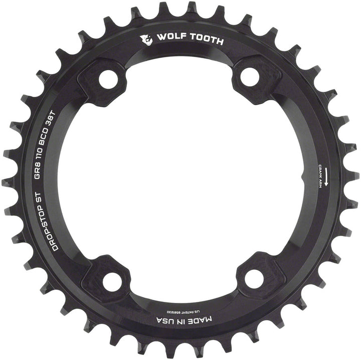 Wolf Tooth Shimano 110 Asymmetric BCD Chainring - 38t 110 Asymmetric BCD 4-Bolt Drop-Stop ST For Shimano GRX Cranks BLK
