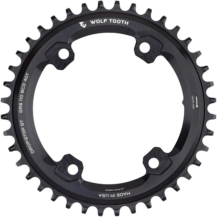 Plato Wolf Tooth Shimano 110 BCD asimétrico - 40 dientes, 110 BCD asimétrico, 4 tornillos, Drop-Stop ST para bielas Shimano GRX, color negro