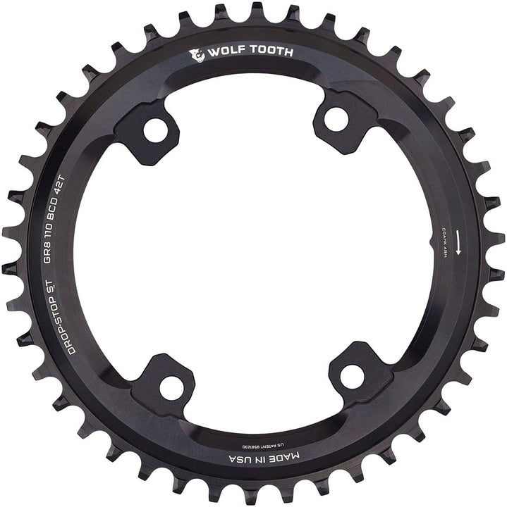 Plato Wolf Tooth Shimano 110 BCD asimétrico - 42 dientes, 110 BCD asimétrico, 4 tornillos, Drop-Stop ST para bielas Shimano GRX, color negro