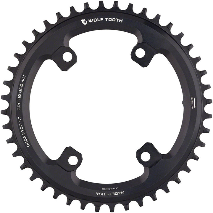 Plato Wolf Tooth Shimano 110 BCD asimétrico - 44 dientes, 110 BCD asimétrico, 4 tornillos, tope de caída ST para bielas Shimano GRX, color negro