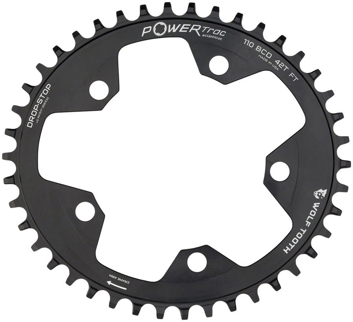 Wolf Tooth Elliptical 110 BCD Chainring - 38t 110 BCD 5-Bolt Drop-Stop 10/11/12-Speed Eagle Flattop Compatible - Black