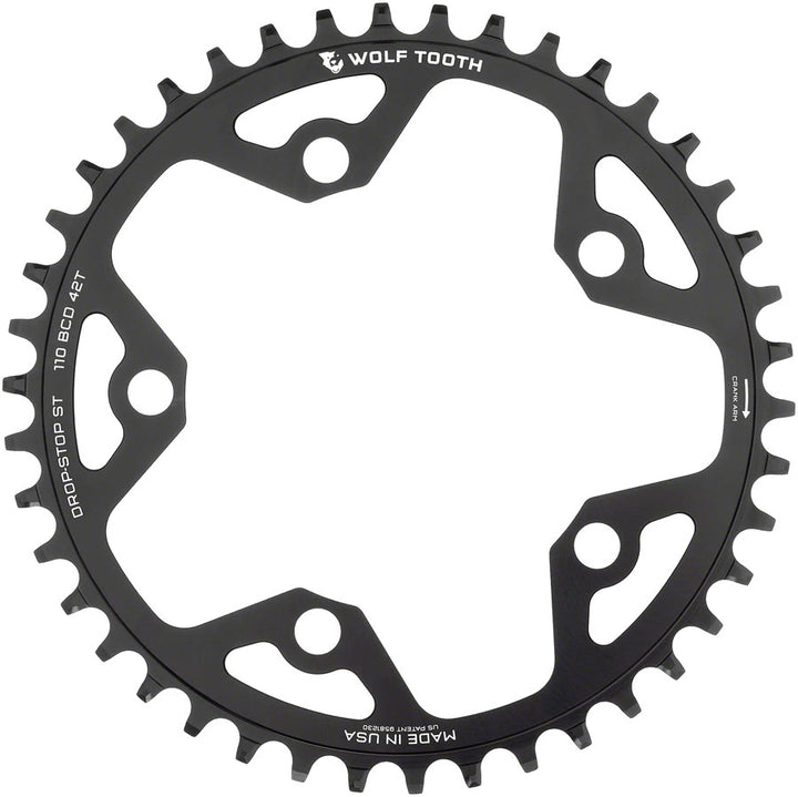 Plato Wolf Tooth 110 BCD Gravel CX Road - 42 dientes, 110 BCD, 5 tornillos, tope de caída ST para cadenas Shimano HG+ KMC de 12 velocidades, negro