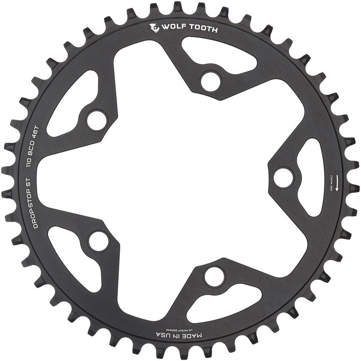 Plato Wolf Tooth 110 BCD Gravel CX Road - 46 dientes, 110 BCD, 5 tornillos, tope de caída ST para cadenas Shimano HG+ KMC de 12 velocidades, negro