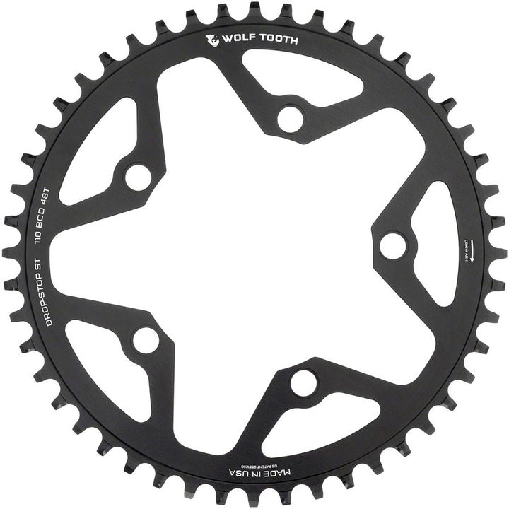Plato Wolf Tooth 110 BCD Gravel CX Road - 48 dientes, 110 BCD, 5 tornillos, tope de caída ST para cadenas Shimano HG+ KMC de 12 velocidades, negro