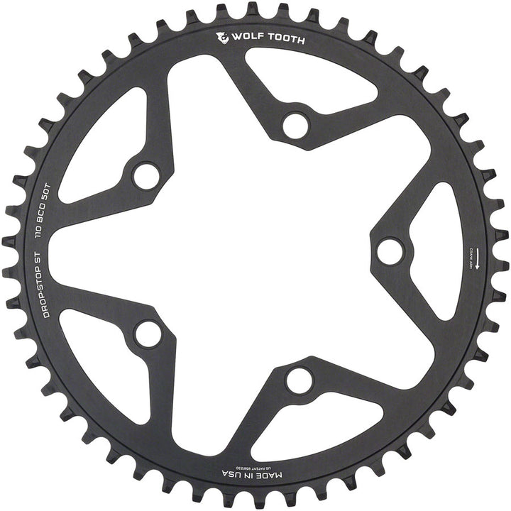 Plato Wolf Tooth 110 BCD Gravel CX Road - 50 dientes, 110 BCD, 5 tornillos, tope de caída ST para cadenas Shimano HG+ KMC de 12 velocidades, negro