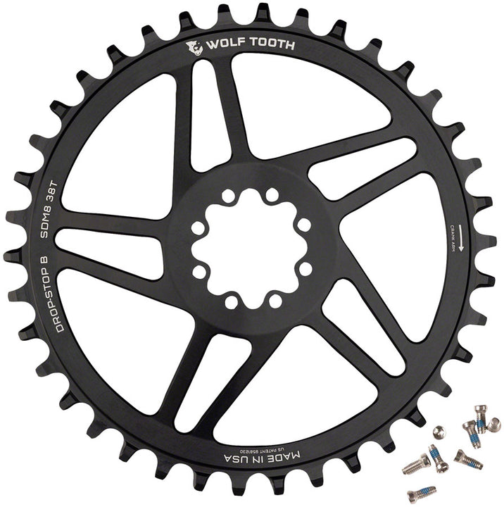 Plato Wolf Tooth de montaje directo - 38 dientes SRAM de montaje directo Drop-Stop B para bielas SRAM de 8 tornillos, desplazamiento de 6 mm, negro