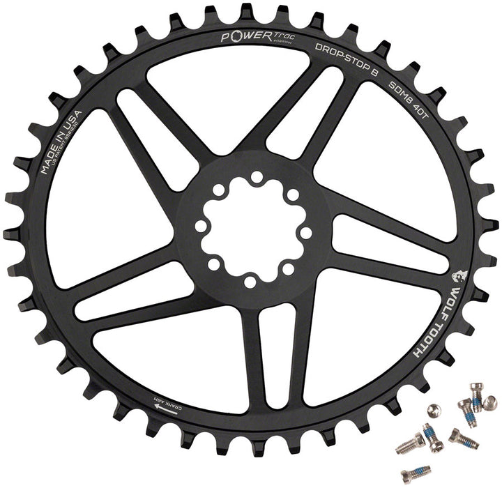 Plato elíptico de montaje directo Wolf Tooth - 38 dientes SRAM de montaje directo Drop-Stop B para bielas SRAM de 8 tornillos, desplazamiento de 6 mm, negro