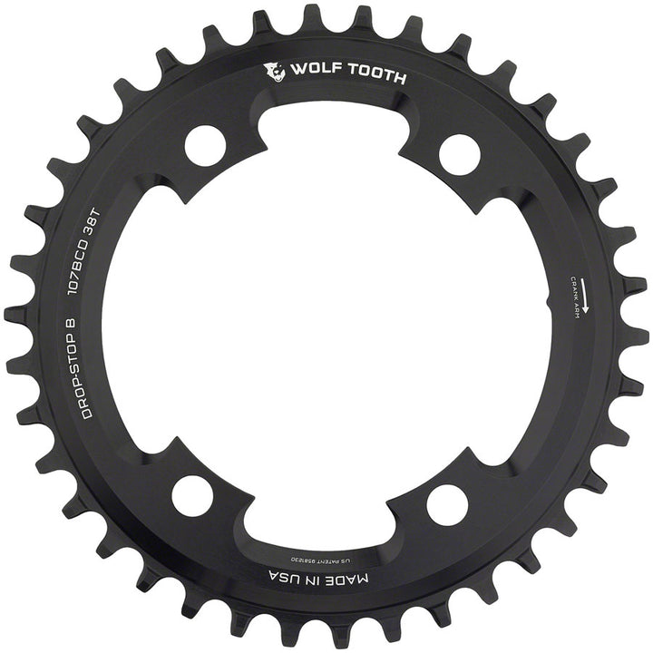 Plato Wolf Tooth 107 BCD - 38 dientes, compatible con SRAM 107 BCD, Drop-Stop B, 4 tornillos, negro