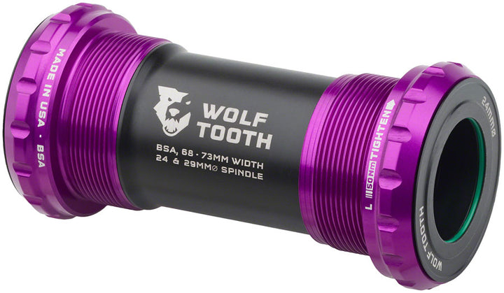 Eje de pedalier Wolf Tooth - Inglés BSA 68/73 mm para eje de 24 mm, color morado ultravioleta
