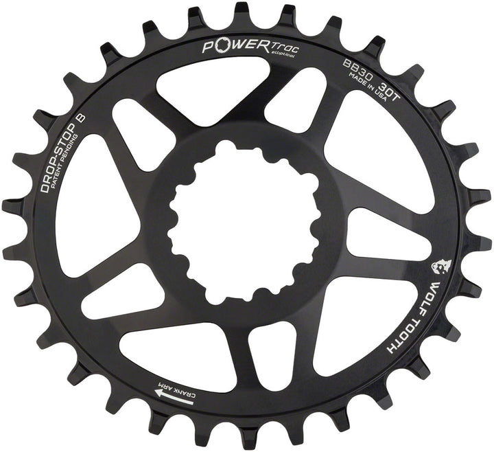Plato elíptico de montaje directo Wolf Tooth - 30 dientes, SRAM Direct Mount Drop-Stop B para bielas SRAM BB30 de eje corto, desplazamiento de 0 mm, color negro