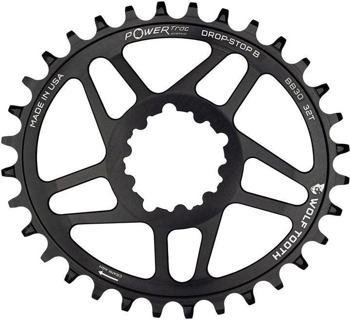 Plato elíptico de montaje directo Wolf Tooth - 32 dientes SRAM Direct Mount Drop-Stop B para bielas SRAM BB30 de eje corto, desplazamiento de 0 mm, color negro