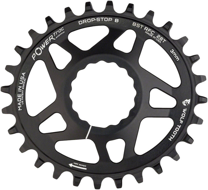 Plato elíptico de montaje directo Wolf Tooth - 28 dientes RaceFace/Easton CINCH, montaje directo Drop-Stop B para bielas Boost, desplazamiento de 3 mm, negro