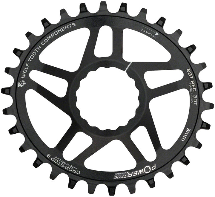 Plato elíptico de montaje directo Wolf Tooth - 30 dientes RaceFace/Easton CINCH, montaje directo Drop-Stop B para bielas Boost, desplazamiento de 3 mm, negro