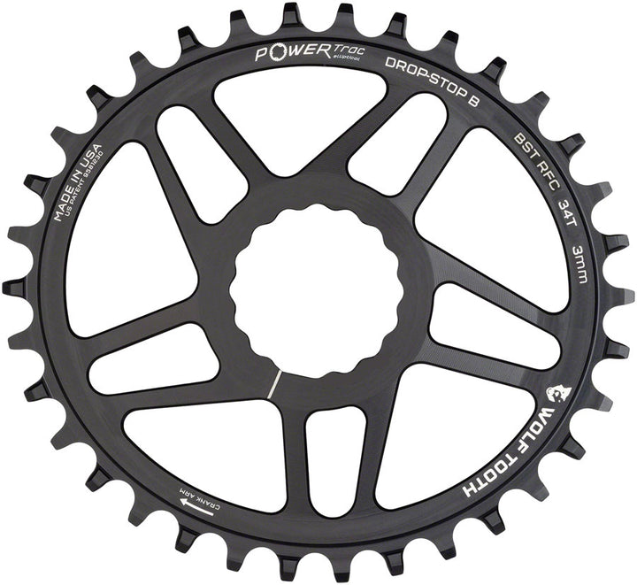 Plato elíptico de montaje directo Wolf Tooth - 34 dientes RaceFace/Easton CINCH, montaje directo Drop-Stop B para bielas Boost, desplazamiento de 3 mm, negro