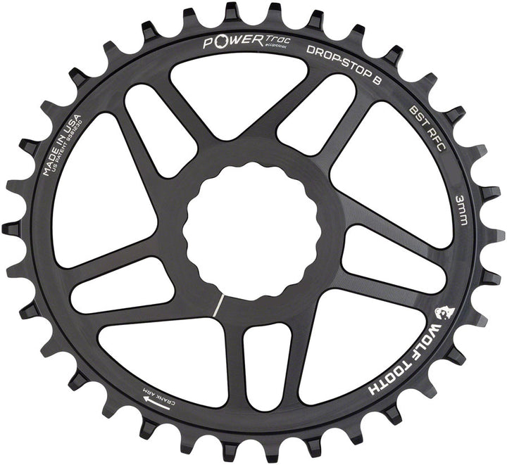 Plato elíptico de montaje directo Wolf Tooth - 36 dientes RaceFace/Easton CINCH, montaje directo Drop-Stop B para bielas Boost, desplazamiento de 3 mm, negro