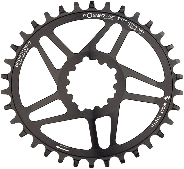 Plato elíptico de montaje directo Wolf Tooth - 34 dientes SRAM Direct Mount Drop-Stop B para bielas SRAM Boost de 3 tornillos, desplazamiento de 3 mm, color negro