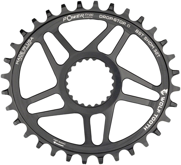 Plato elíptico de montaje directo Wolf Tooth - 32 dientes, montaje directo Shimano, Drop Stop B Boost, desplazamiento de 3 mm, negro