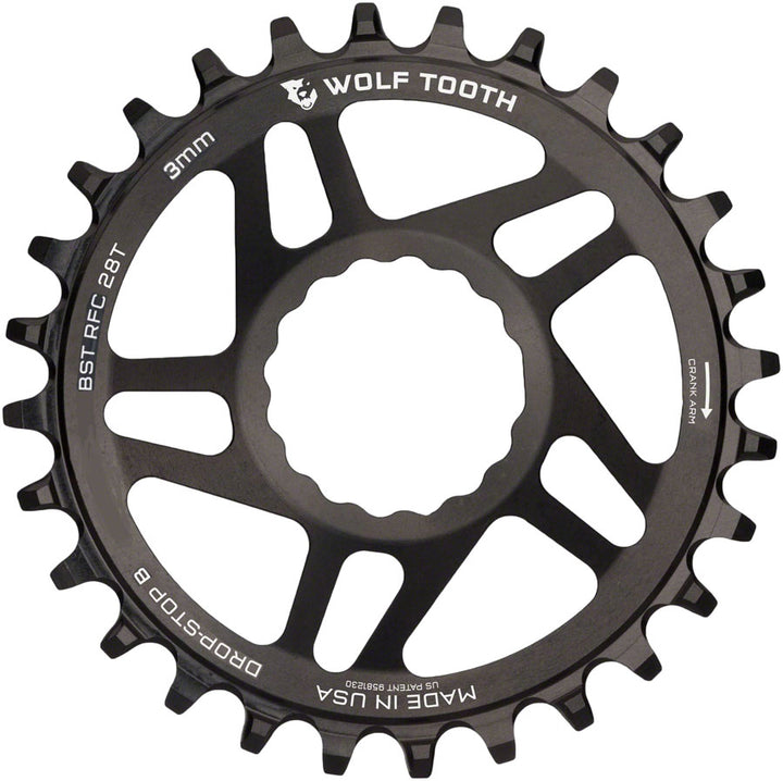 Plato de montaje directo Wolf Tooth - 28 dientes RaceFace/Easton CINCH, montaje directo Drop-Stop B para bielas Boost, desplazamiento de 3 mm, negro