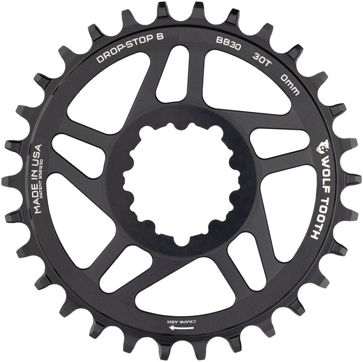 Plato Wolf Tooth de montaje directo - 30 dientes SRAM de montaje directo Drop-Stop B para bielas BB30 de eje corto, desplazamiento de 0 mm, color negro