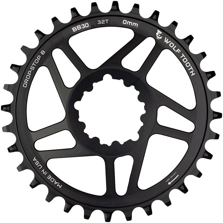 Plato Wolf Tooth de montaje directo - 32 dientes SRAM de montaje directo Drop-Stop B para bielas BB30 de eje corto, desplazamiento de 0 mm, color negro