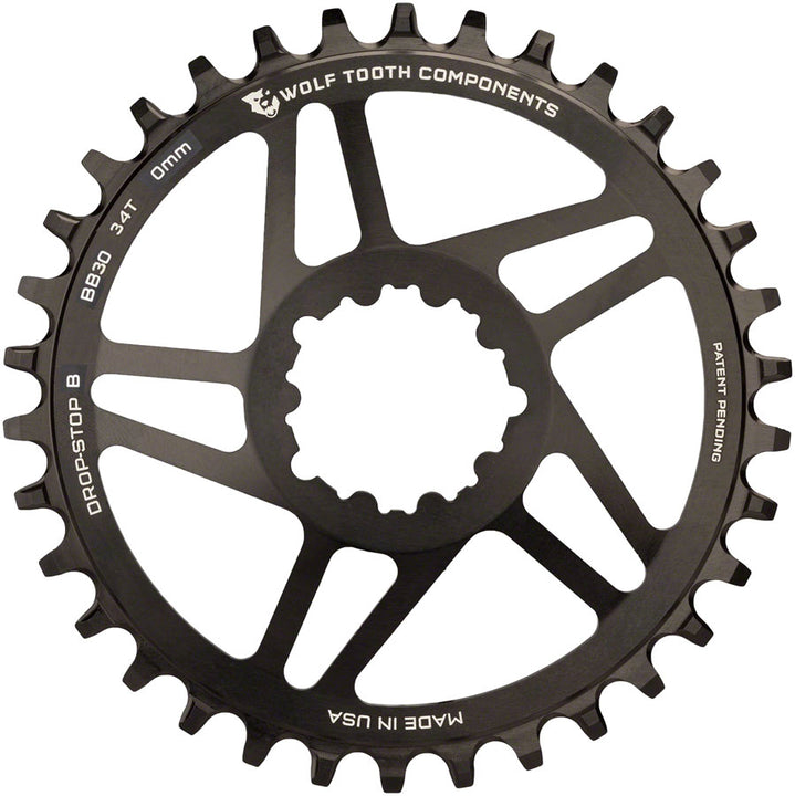 Plato de montaje directo Wolf Tooth de 34 dientes con SRAM de montaje directo Drop-Stop B para bielas BB30 de eje corto, desplazamiento de 0 mm, color negro