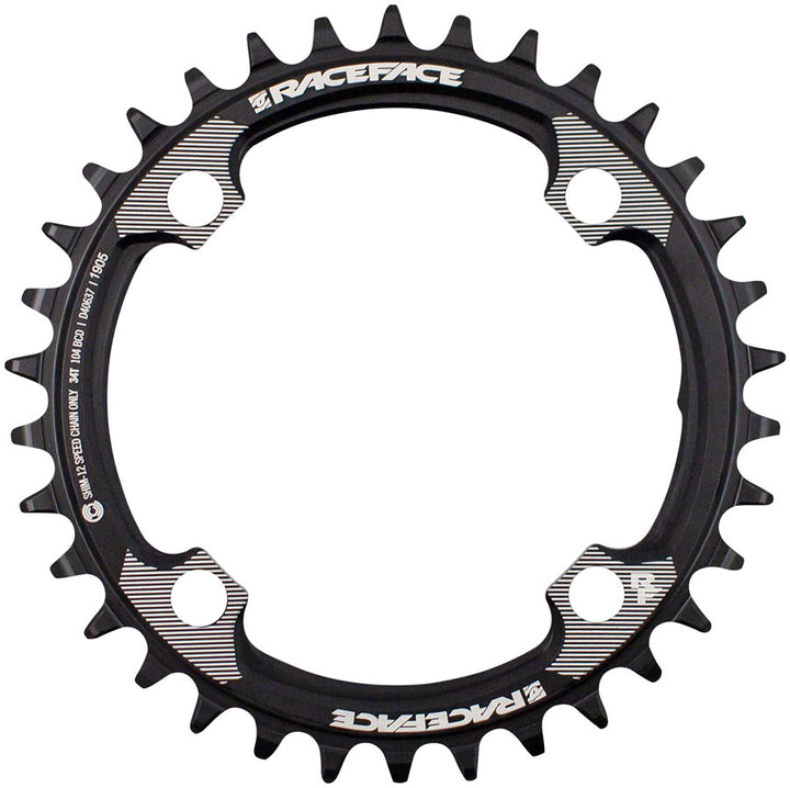 Plato RaceFace Hyperglide+ 1x 104 BCD - 34 dientes, 104 BCD, 4 tornillos. Requiere cadena Shimano Hyperglide+ de 12 velocidades, aluminio 7075 negro.