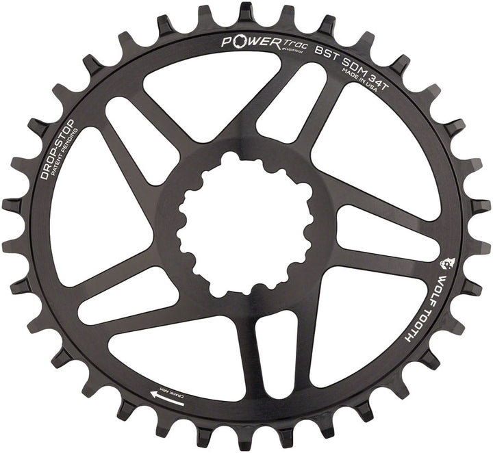Plato elíptico de montaje directo Wolf Tooth - 34 dientes SRAM Direct Mount Drop-Stop A para bielas SRAM Boost de 3 tornillos, desplazamiento de 3 mm, color negro