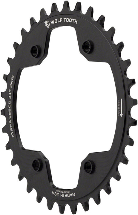 Plato Wolf Tooth 96 BCD - 34 dientes, 96 BCD asimétrico, 4 tornillos. Para bielas Shimano. Cadena Hyperglide+ de 12 velocidades, color negro.