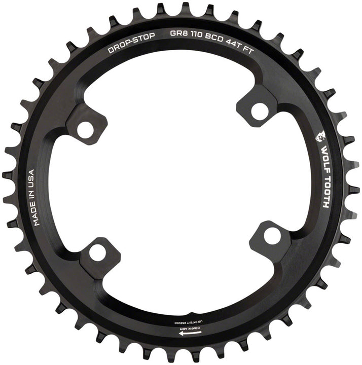Plato Wolf Tooth Shimano 110 BCD asimétrico - 46 dientes, 110 BCD asimétrico, 4 tornillos, tope plano, para bielas Shimano GRX, color negro
