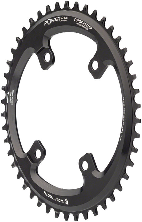 Plato elíptico Wolf Tooth Shimano 110 BCD asimétrico - 46 dientes, 110 BCD asimétrico, 4 tornillos, tope de caída para bielas Shimano GRX, color negro