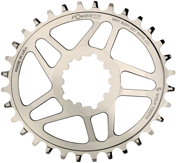 Plato elíptico Wolf Tooth de montaje directo (32 dientes) con montaje directo SRAM. Para bielas SRAM Boost de 3 tornillos. Utilice la cadena Hyperglide+ niquelada.
