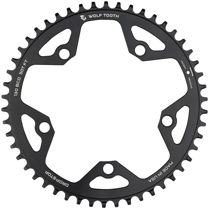 Plato Wolf Tooth para ciclocross de carretera (130 BCD) - 50 dientes, 130 BCD, 5 tornillos, tope abatible, 10/11/12 velocidades, compatible con Eagle Flattop, negro