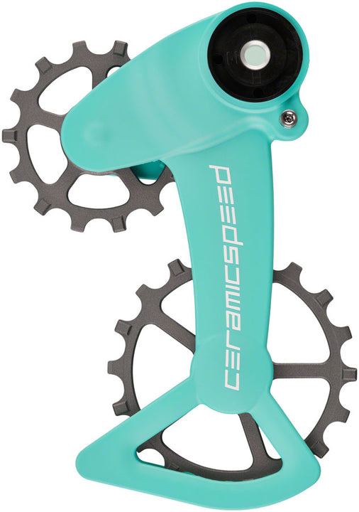Sistema de poleas CeramicSpeed ​​OSPW X, SRAM Eagle AXS - Revestimiento de pista, polea de aleación, jaula de carbono, Cerakote turquesa/plata