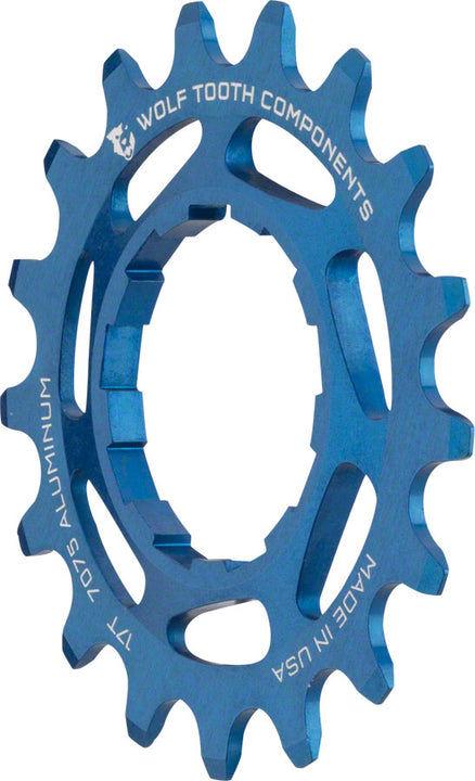 Piñón de aluminio Wolf Tooth de una sola velocidad - 17 dientes, compatible con cadenas de 3/32", color azul