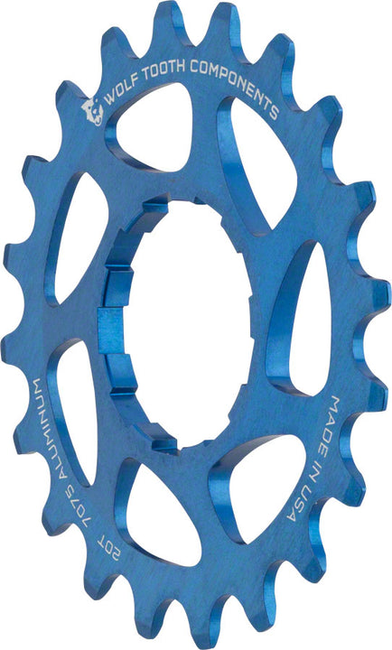Piñón de aluminio Wolf Tooth de una sola velocidad - 20 dientes, compatible con cadenas de 3/32", color azul