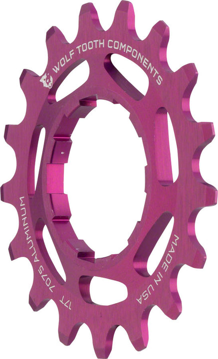 Piñón de aluminio Wolf Tooth de una sola velocidad - Compatible con cadenas de 3/32" (17 dientes), color morado