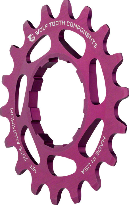 Piñón de aluminio Wolf Tooth de una sola velocidad - Compatible con cadenas de 3/32" (18 dientes), color morado
