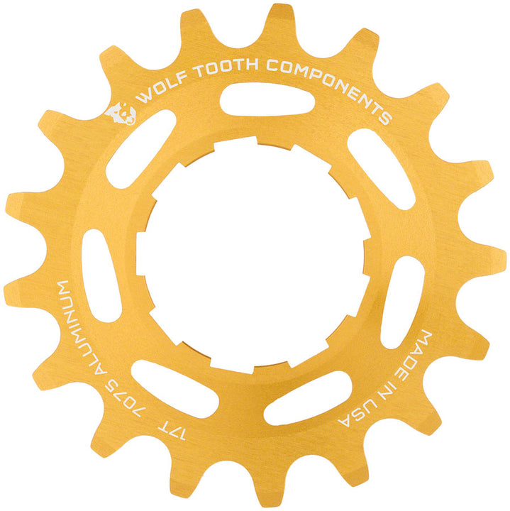 Piñón de aluminio Wolf Tooth de una sola velocidad - 17 dientes, compatible con cadenas de 3/32", dorado