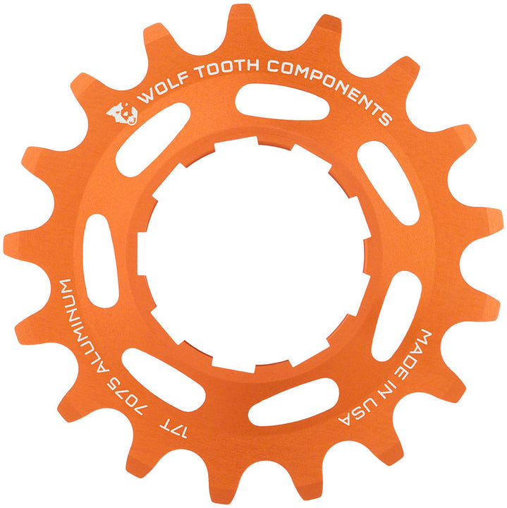 Piñón de aluminio Wolf Tooth de una sola velocidad - Compatible con cadenas de 3/32" (17 dientes), color naranja