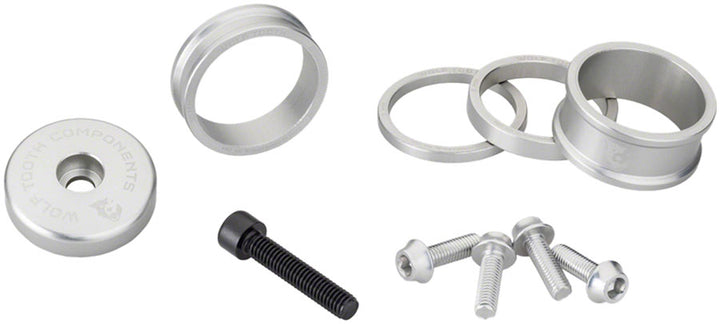 Kit de dirección Wolf Tooth BlingKit - 3 espaciadores de 15 mm y 510 mm, tapa superior, espaciador integrado de 5 mm, color plata bruta
