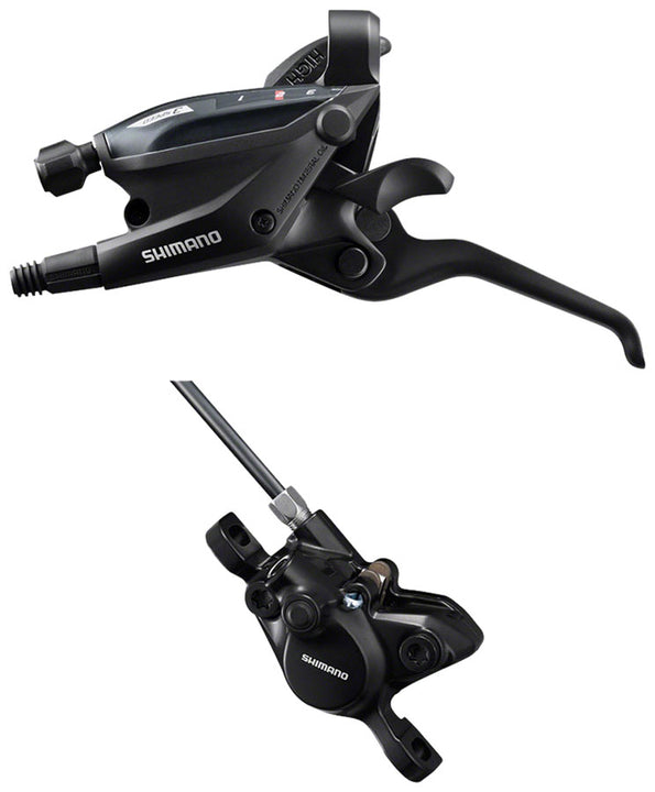Maneta de cambio/freno Shimano ST-EF505 EZ Fire Plus, pinza de freno de disco BR-MT200 (izquierda/delantera, 3 cambios, 2 pistones, negro)