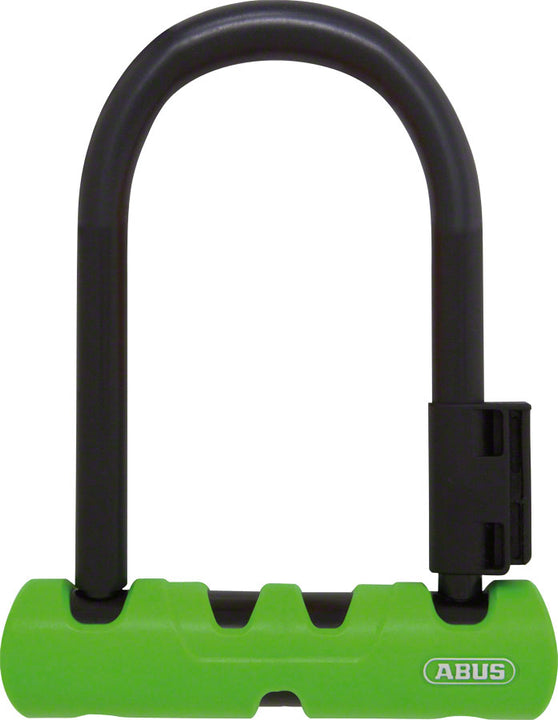Candado en U Abus Ultra 410 de 3,9 x 5,5 pulgadas con llave, color negro y verde. Incluye soporte.