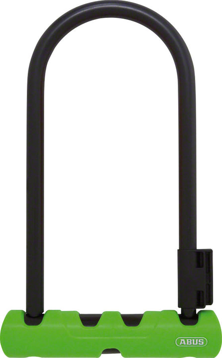 Candado en U Abus Ultra 410 de 3,9 x 9 pulgadas con llave, color negro/verde. Incluye soporte.
