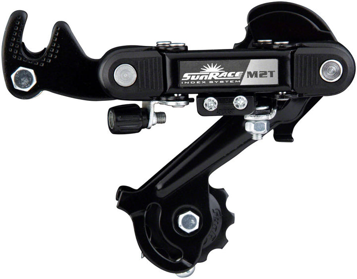 Desviador trasero SunRace M2T de 6/7 velocidades con puntera larga y garra de suspensión, color negro