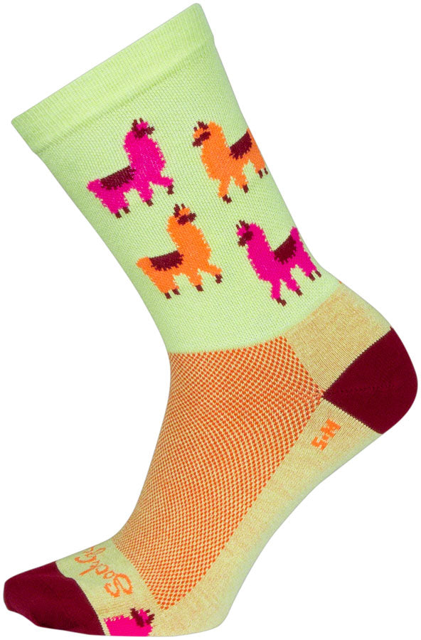 Calcetines deportivos SockGuy Mo Llamas - 15 cm, verde, rosa y naranja, talla pequeña/mediana